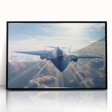 Large abstract airplane design in muted gray and white on black acrylic, framed, ideal for dining room art.