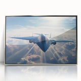 Mid-century modernist art of a vintage airplane in muted gray and blue tones, framed acrylic print.