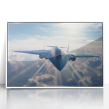 Mid-century modernist art depicting airplanes in soft pastel colors on a white acrylic framed poster.