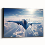 Black and white framed canvas of a vintage airplane, ideal for bedroom wall decor.