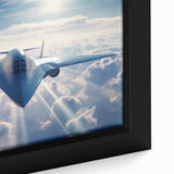 Extra large black wall art featuring a colorful, textured depiction of airplanes on a framed canvas.