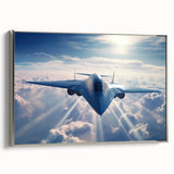 Vintage poster art of a colorful airplane on a black background, framed canvas, ideal for living room decor.