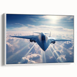 Vintage poster art of a black airplane in flight against a sunset landscape on a framed canvas, suitable for bedroom decor.