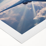 Art deco poster of a vintage airplane in muted silver and blue shades on rolled canvas, suitable for dining room wall art.