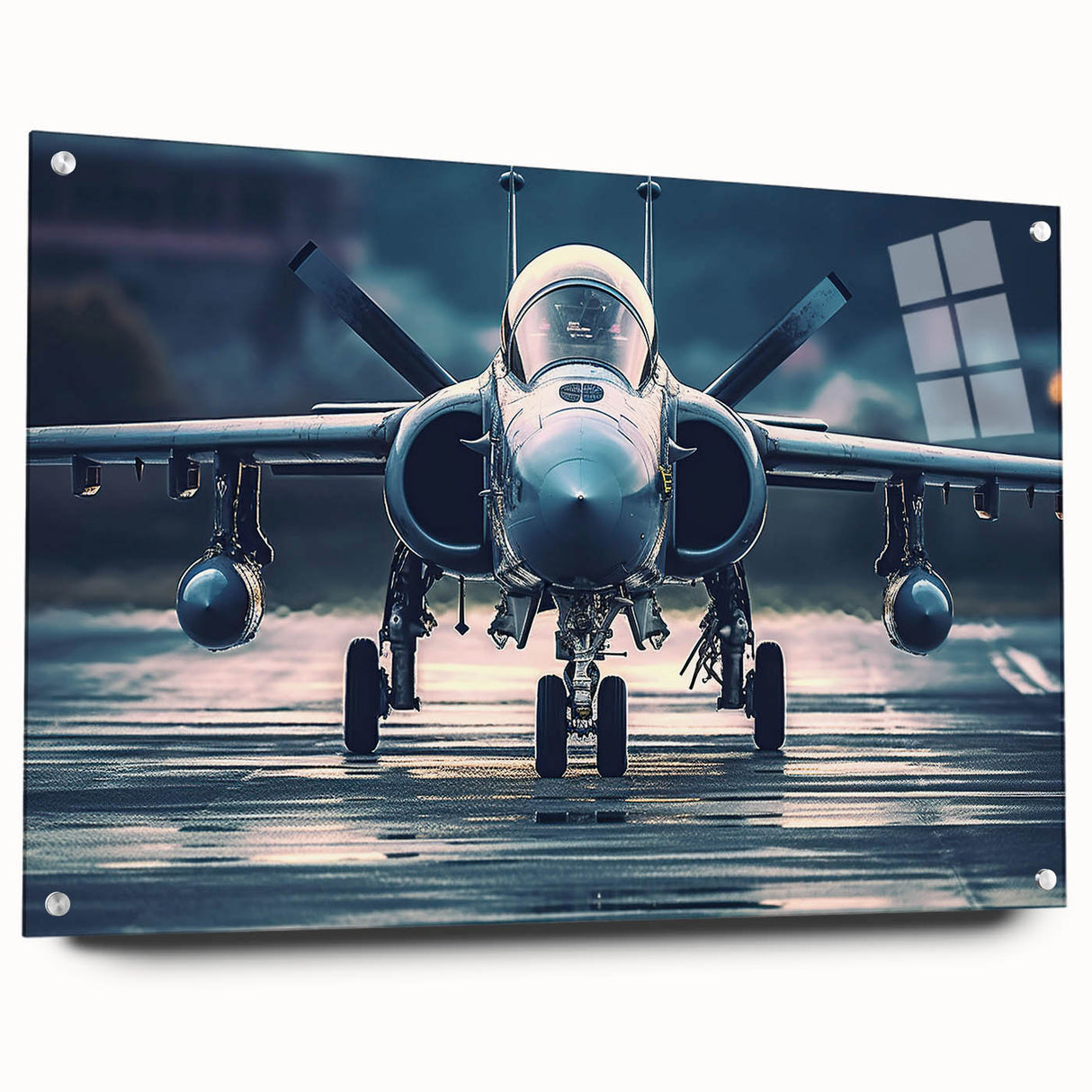 Side view of an airplane depicted in large abstract wall art on acrylic glass, featuring neutral and metallic tones.