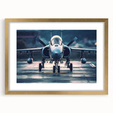 Abstract art print of an airplane in muted gray and blue tones, framed in gold, suitable for bedroom or dining room decor.