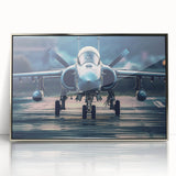 Mid-century modernist art featuring an airplane, in muted gray and blue tones, framed acrylic print.