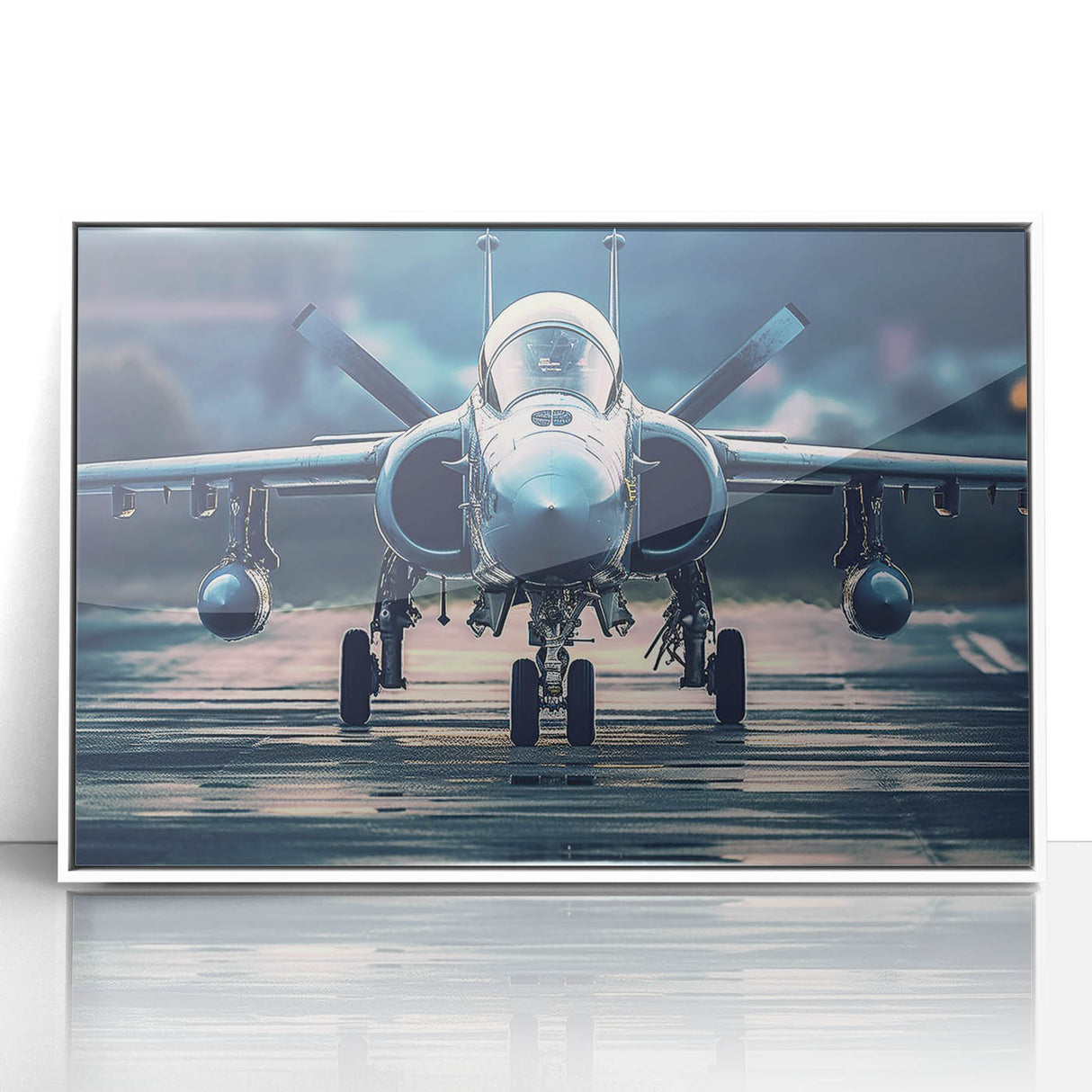 Mid-century modernist art featuring a simplistic airplane design in muted blue and gray tones on a white acrylic frame.