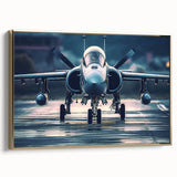 Vintage poster art of a gold airplane on a black background, framed canvas, ideal for living room decor.