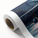 Art deco style airplane illustration in muted blue and gray, rolled canvas, suitable for nursery wall art.