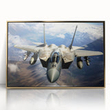 Large abstract wall art featuring airplanes in mid-century modernist style, with gold and blue tones on framed acrylic.