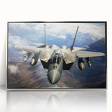 Mid-century modernist style airplane illustration in muted gray and blue tones on a silver-framed acrylic print.