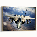 Framed canvas vintage poster art of a gold airplane, featuring a black background with colorful accents.