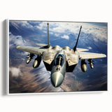 Framed canvas of a vintage airplane in flight, set against a muted gray sky, ideal for office or study decor.