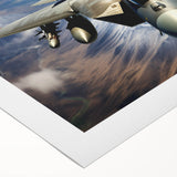 Art deco poster of an airplane in flight, featuring bold geometric shapes and a monochrome palette, printed on rolled canvas.