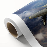 Art deco style airplane illustration in muted blue and gray tones on rolled canvas, suitable for nursery wall art.