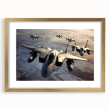 Abstract art print featuring a stylized airplane in gold and black, framed with a gold mat.