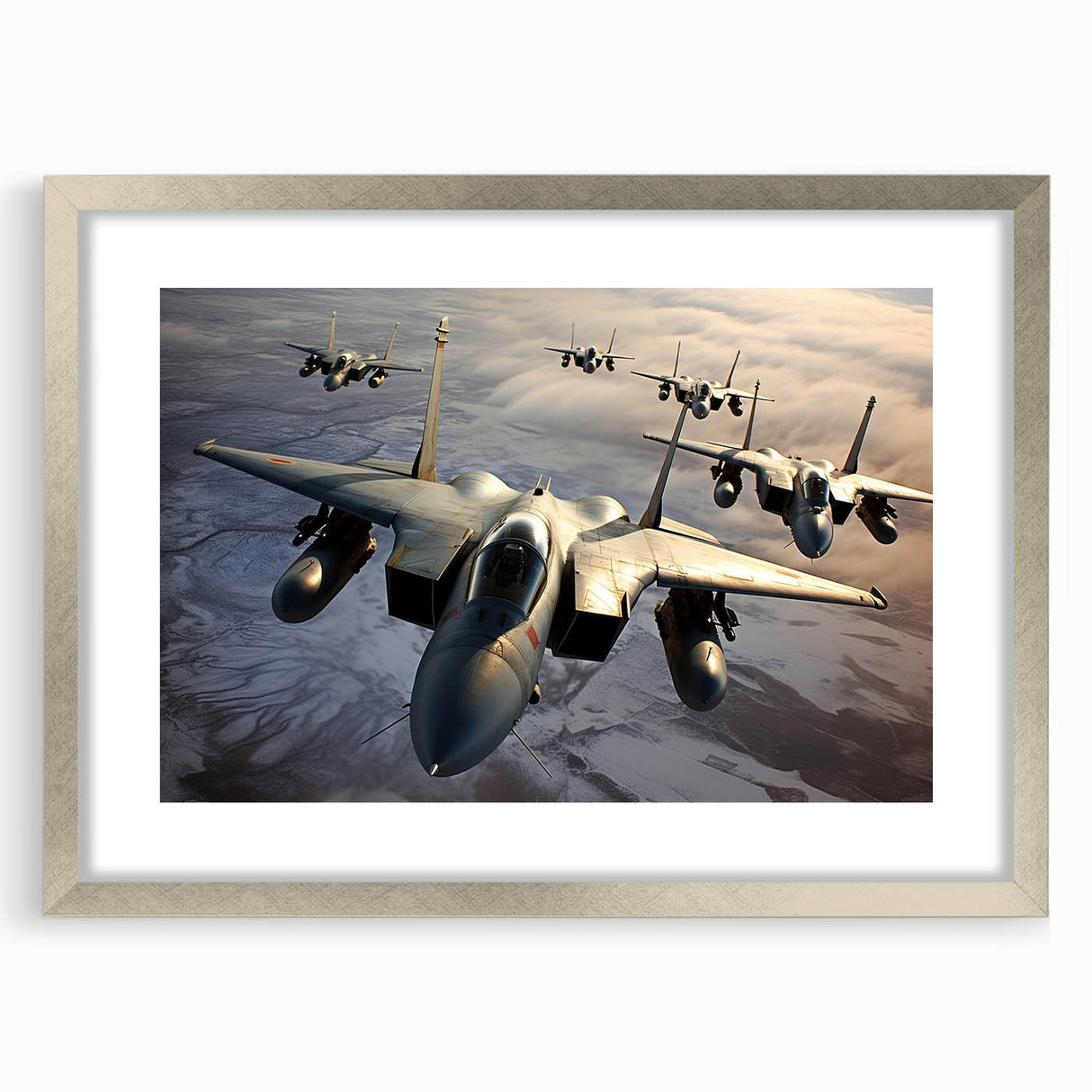 Textured abstract art print of an airplane in gray tones, framed in silver, ideal for bedroom art.