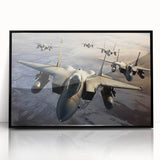 Large abstract airplane design in black and white on framed acrylic, suitable as mid-century modernist dining room art.