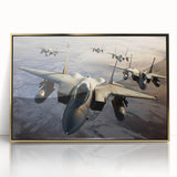 Mid-century modernist airplane illustration in muted colors on a gold-framed acrylic, ideal for nursery wall art.