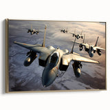 Framed canvas featuring a vintage-style airplane in black with colorful accents, ideal for office or study decor.