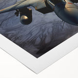 Art deco poster of an airplane in flight, featuring geometric shapes in gold and navy, on rolled canvas.