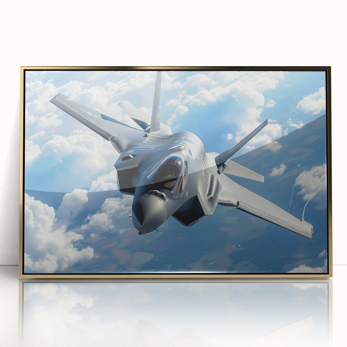 Mid-century modernist airplane illustration in gold and black, acrylic framed, suitable for nursery wall art.