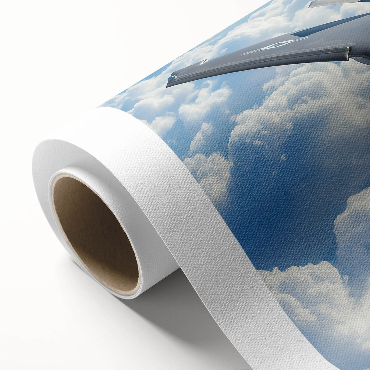 Art deco poster of vintage airplane in flight, muted blues and grays, rolled canvas, suitable for nursery wall art.