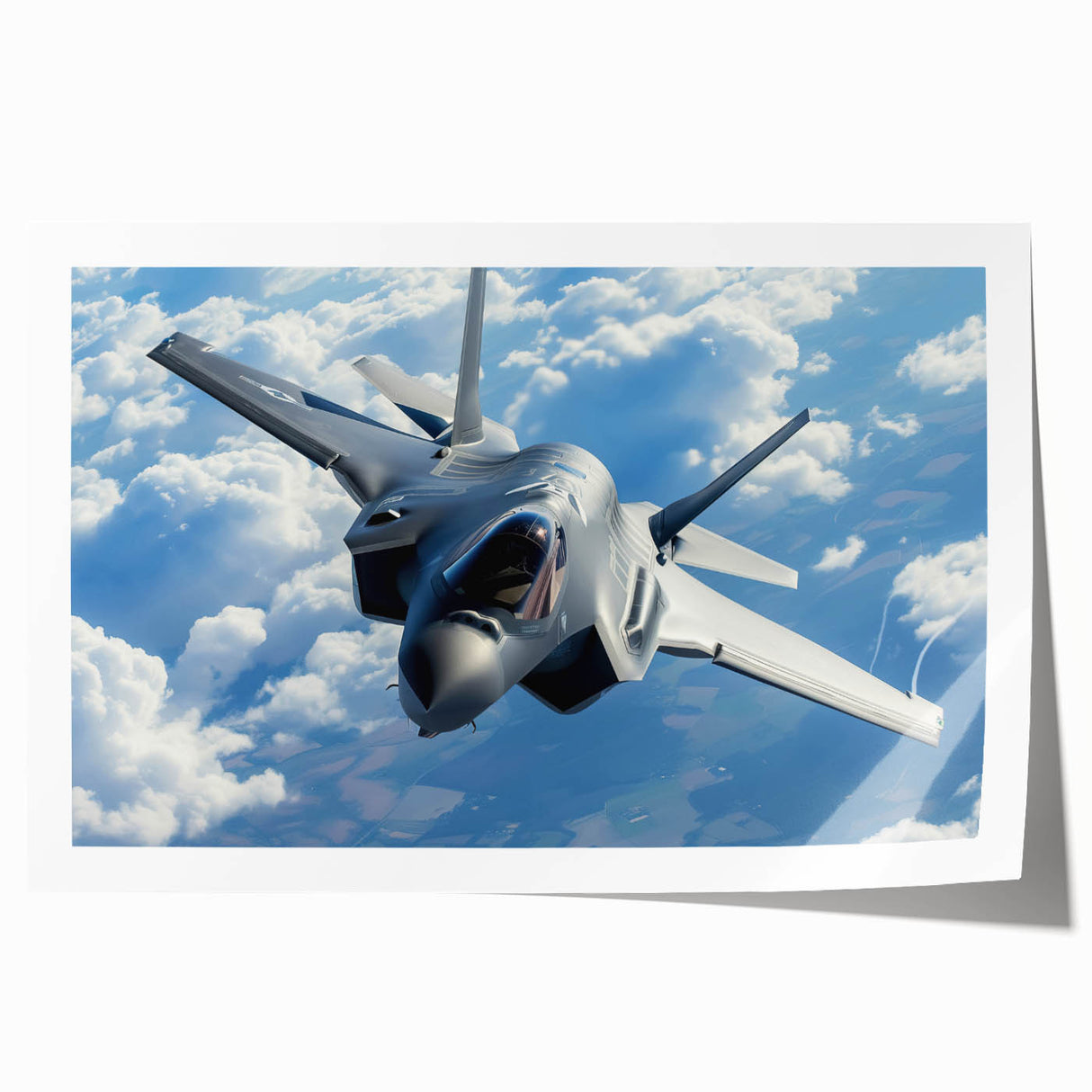 Art deco poster featuring a vintage airplane in muted blue and gray tones on a rolled print.