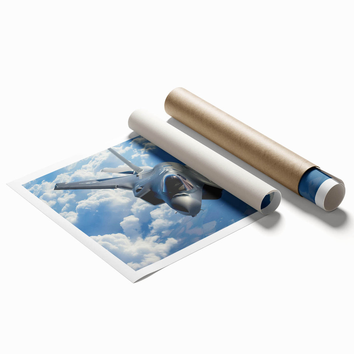 Extra large rolled print of a vintage airplane on a muted blue and gray background, suitable for dining room wall decor.
