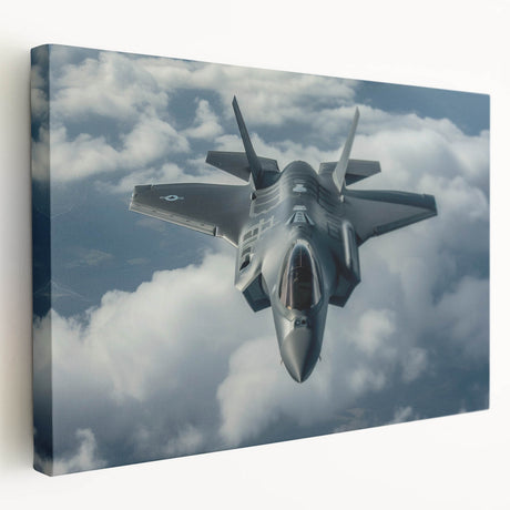 Side view of a commercial airplane depicted in a realistic style on a large stretched canvas.