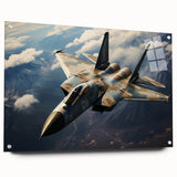 Side view of an airplane depicted in vibrant blue and white tones on acrylic glass.