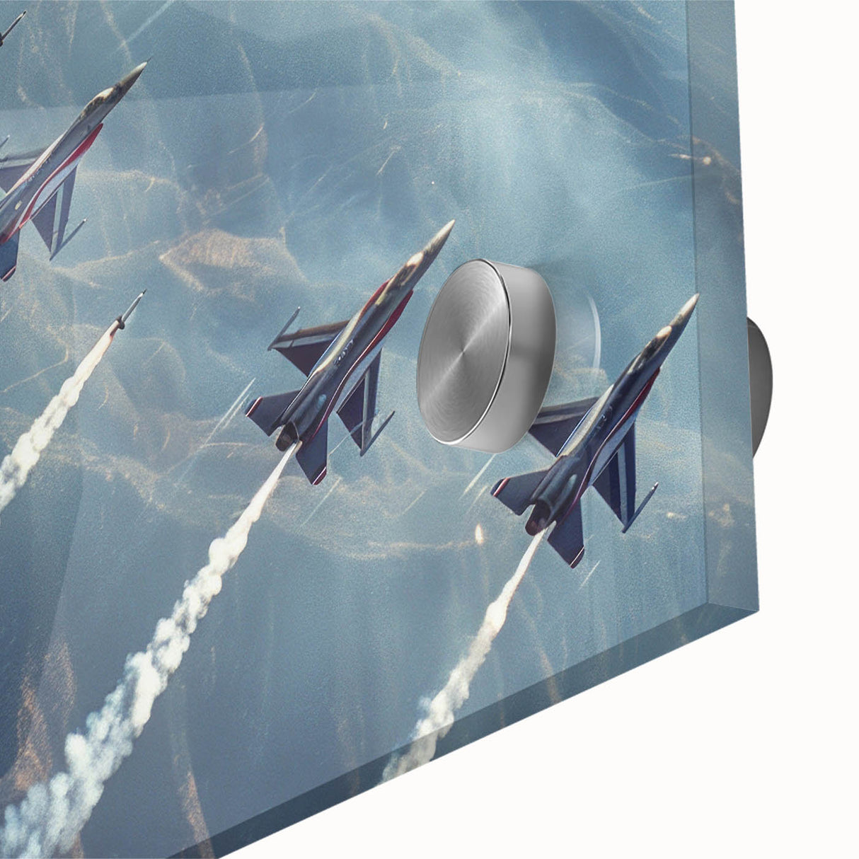 Large abstract wall art of airplanes in shades of gray and white on acrylic glass, ideal for bedroom or dining room decor.