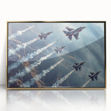 Large abstract wall art featuring a mid-century modernist airplane design in gold and black hues on framed acrylic.