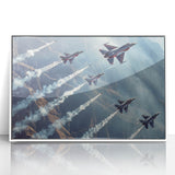 Mid-century modernist art depicting airplanes in muted tones on a framed acrylic, suitable for nursery wall decor.