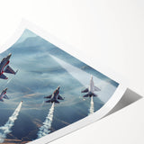 Rolled print of an airplane in flight, depicted in muted gray and blue tones, ideal for art wall dining room placement.