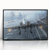 Large abstract wall art of an airplane in mid-century modernist style, framed in black acrylic.