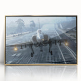 Large abstract wall art featuring a mid-century modernist airplane design in gold tones on framed acrylic.