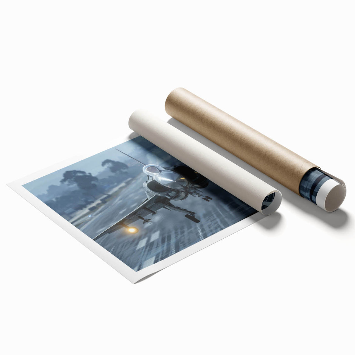 Rolled print of a vintage airplane in soft gray tones, suitable for classy bathroom wall art.