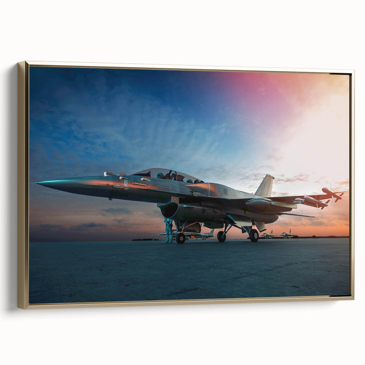 Vintage poster art of a gold airplane on black background, framed canvas, ideal for living room decor.