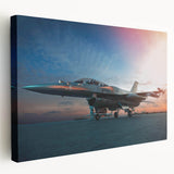 Side view of a vintage airplane printed on large stretched canvas, featuring muted gray and blue tones.