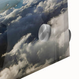 Mid-century modernist airship depicted in muted grays and blues on a large acrylic print, ideal for dining room art.