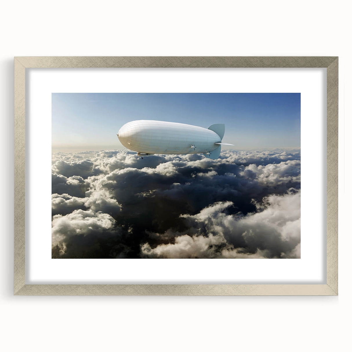 Textured art print of an abstract airship in muted gray and silver tones on a framed canvas, suitable for bedroom wall decor.
