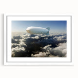 Extra large abstract art print of an airship, in muted gray and blue tones on a white framed canvas.