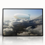 Large abstract wall art featuring a mid-century modernist airship design in black and white tones on a framed acrylic panel.