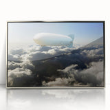 Mid-century modernist airship depicted in soft pastel tones on a silver-framed acrylic print, suitable for nursery wall art.