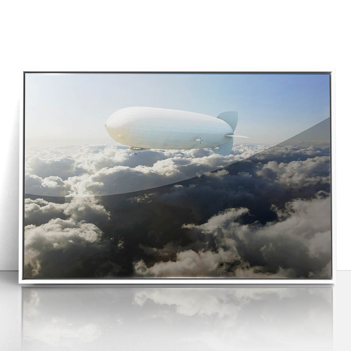 Art deco airship poster in pastel blue and pink, framed acrylic, ideal for nursery wall art.