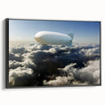 Framed canvas featuring a black and white vintage airship design, ideal for bedroom wall decor.