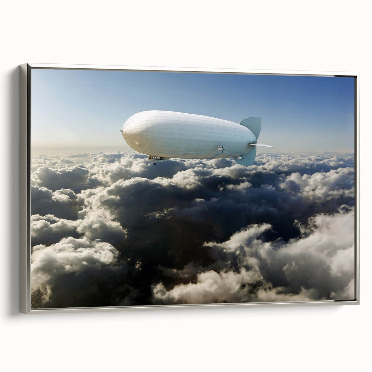 Framed canvas featuring a vintage airship design in black and silver, ideal for bedroom wall art.