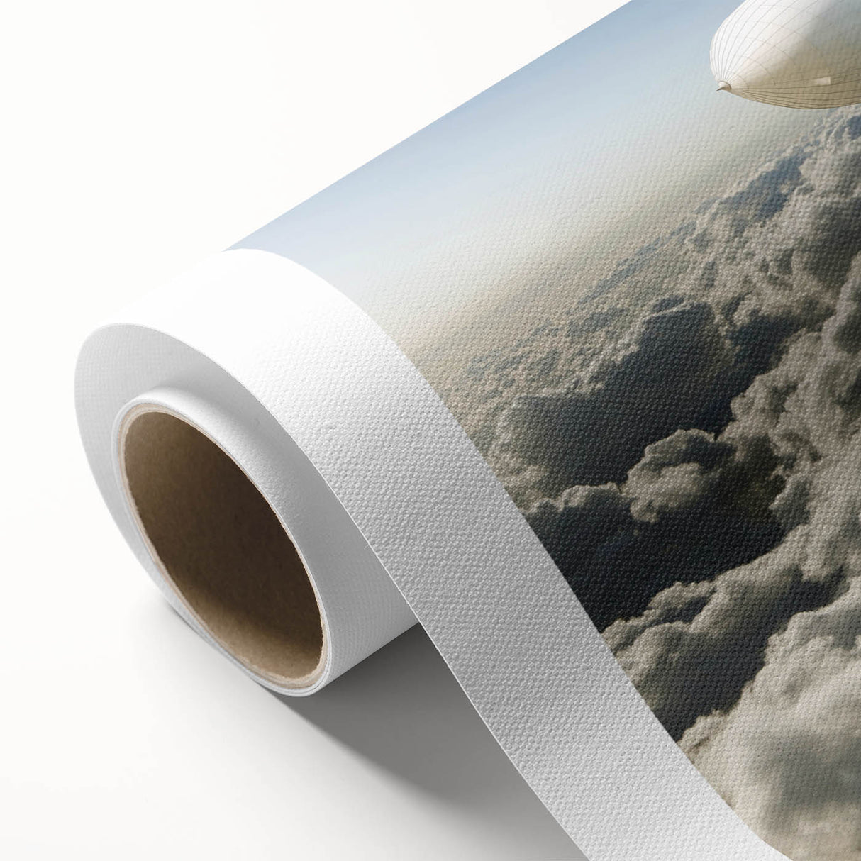Art deco airship poster in soft pastel shades on rolled canvas, ideal for nursery wall art.